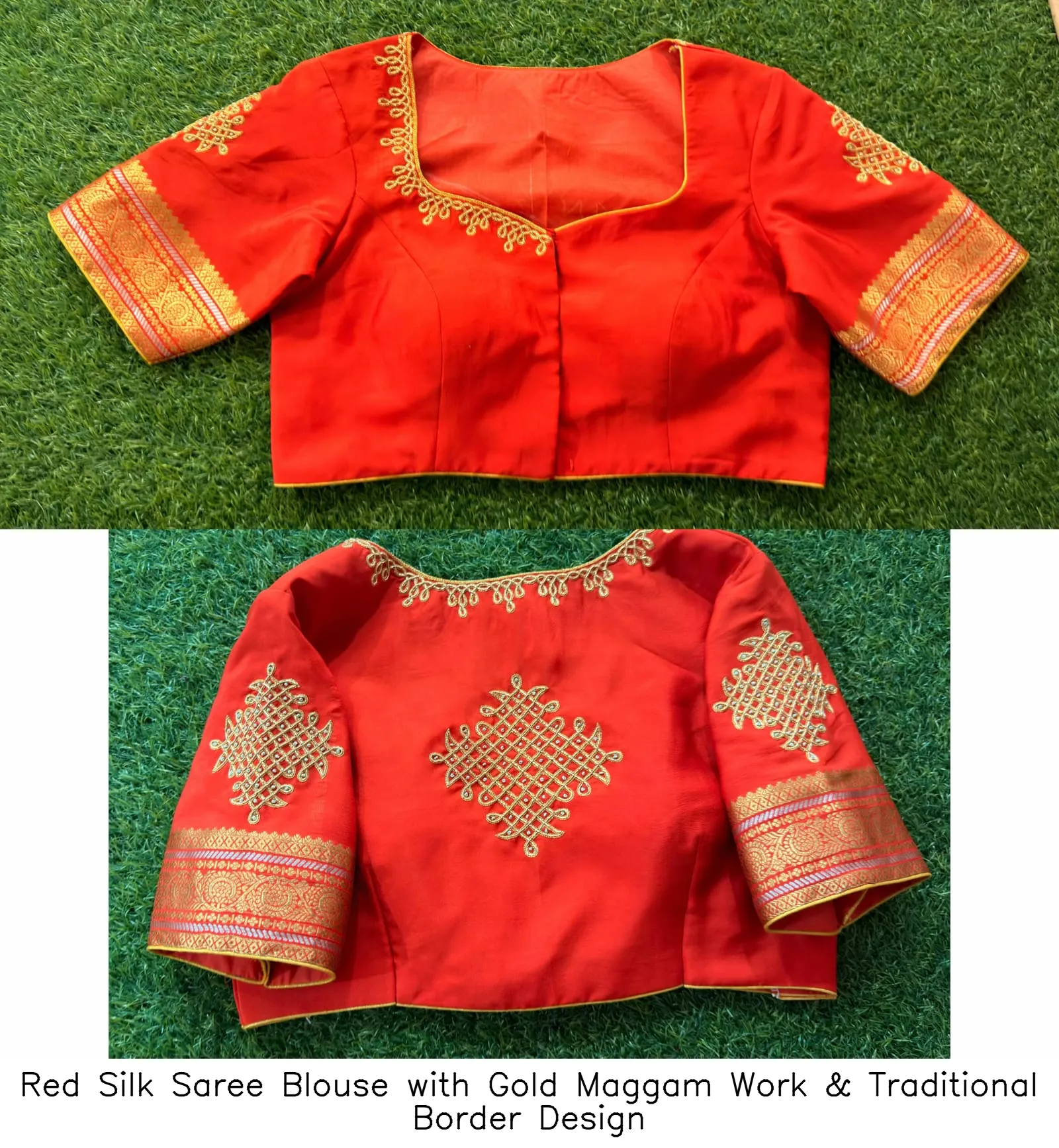 Red Silk Saree Blouse with Gold Maggam Work & Traditional Border Design