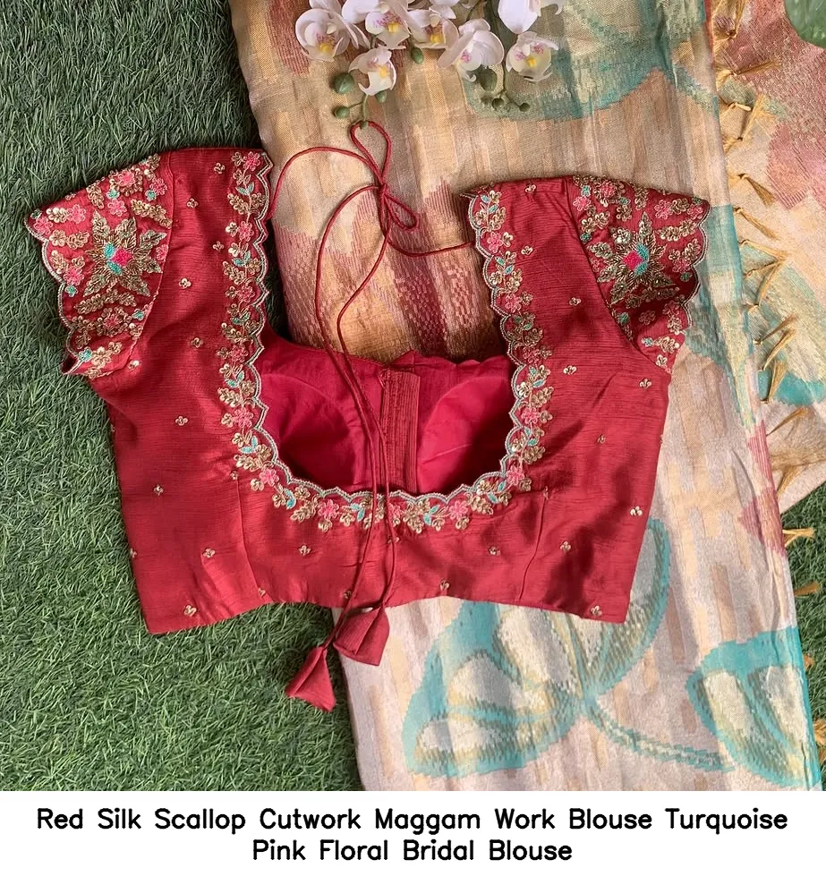 Red Silk Scallop Cutwork Maggam Work Blouse Turquoise Pink Floral Bridal Blouse