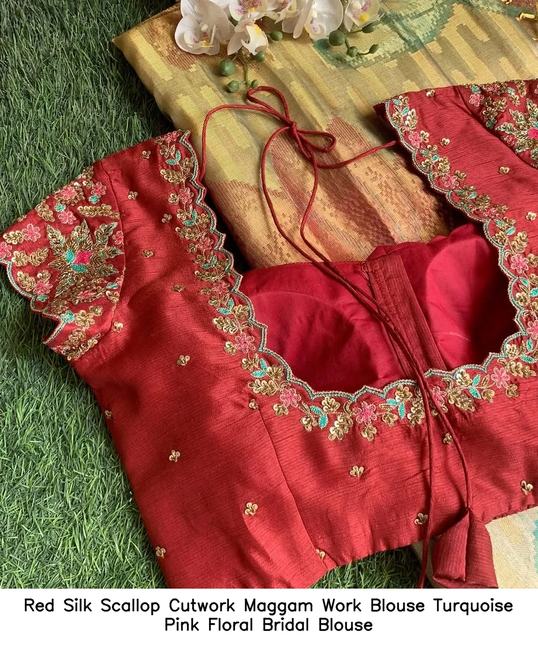 Red Silk Scallop Cutwork Maggam Work Blouse Turquoise Pink Floral Bridal Blouse