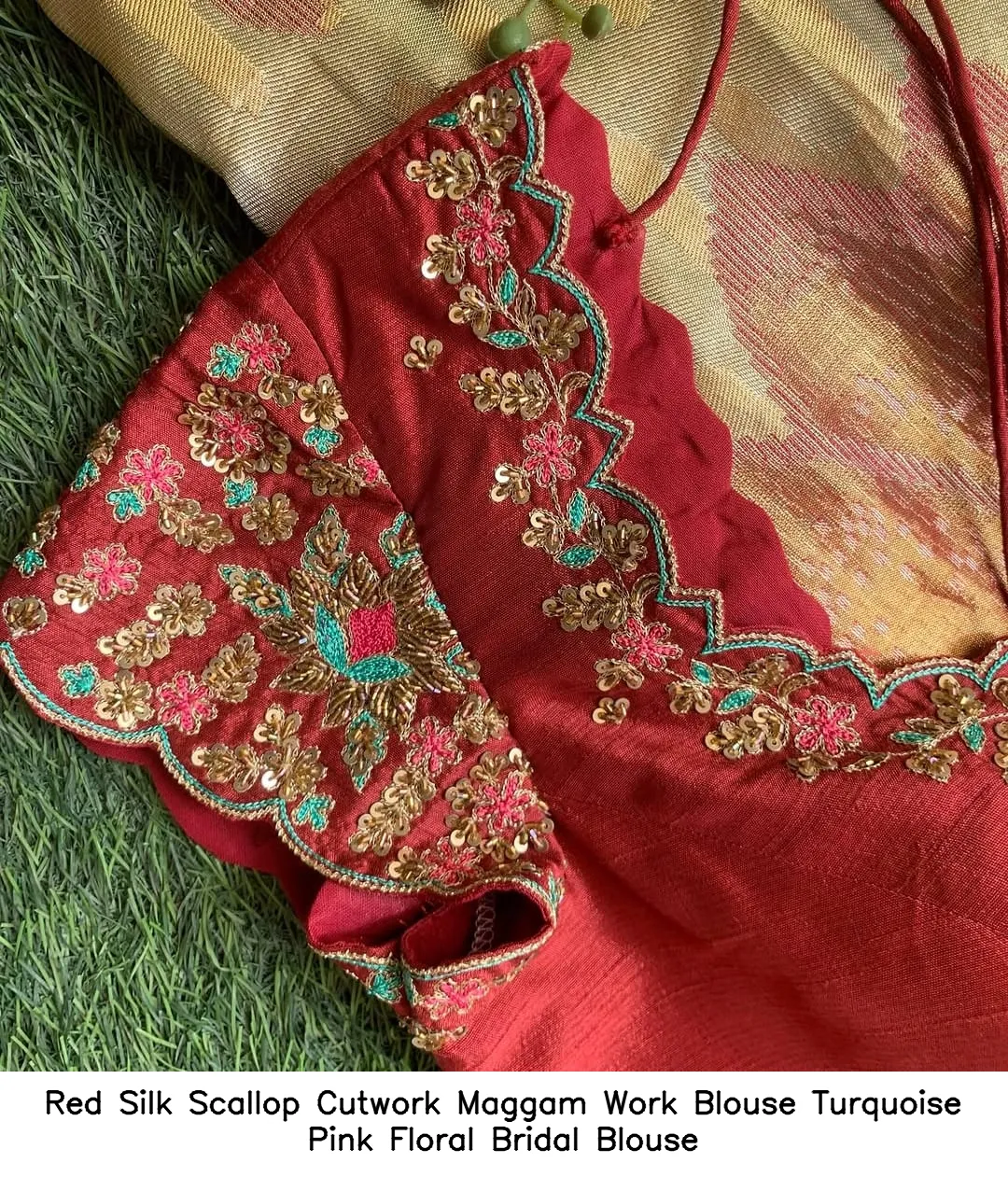 Red Silk Scallop Cutwork Maggam Work Blouse Turquoise Pink Floral Bridal Blouse