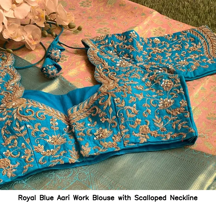 Royal Blue Aari Work Blouse with Scalloped Neckline
