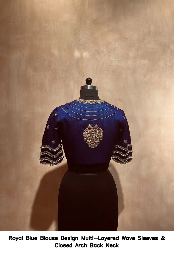 Royal Blue Blouse Design – Multi-Layered Wave Sleeves & Closed Arch Back Neck