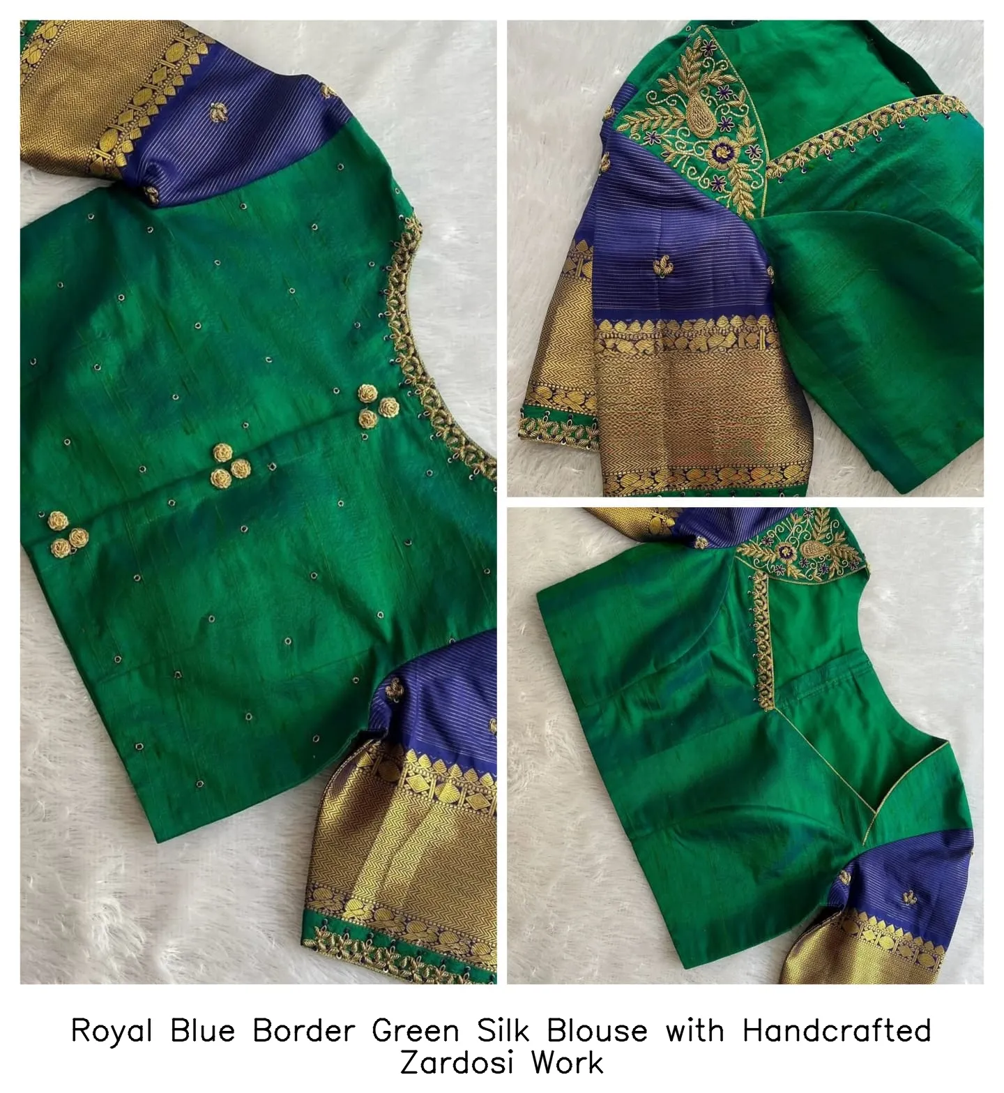 Royal Blue Border Green Silk Blouse with Handcrafted Zardosi Work