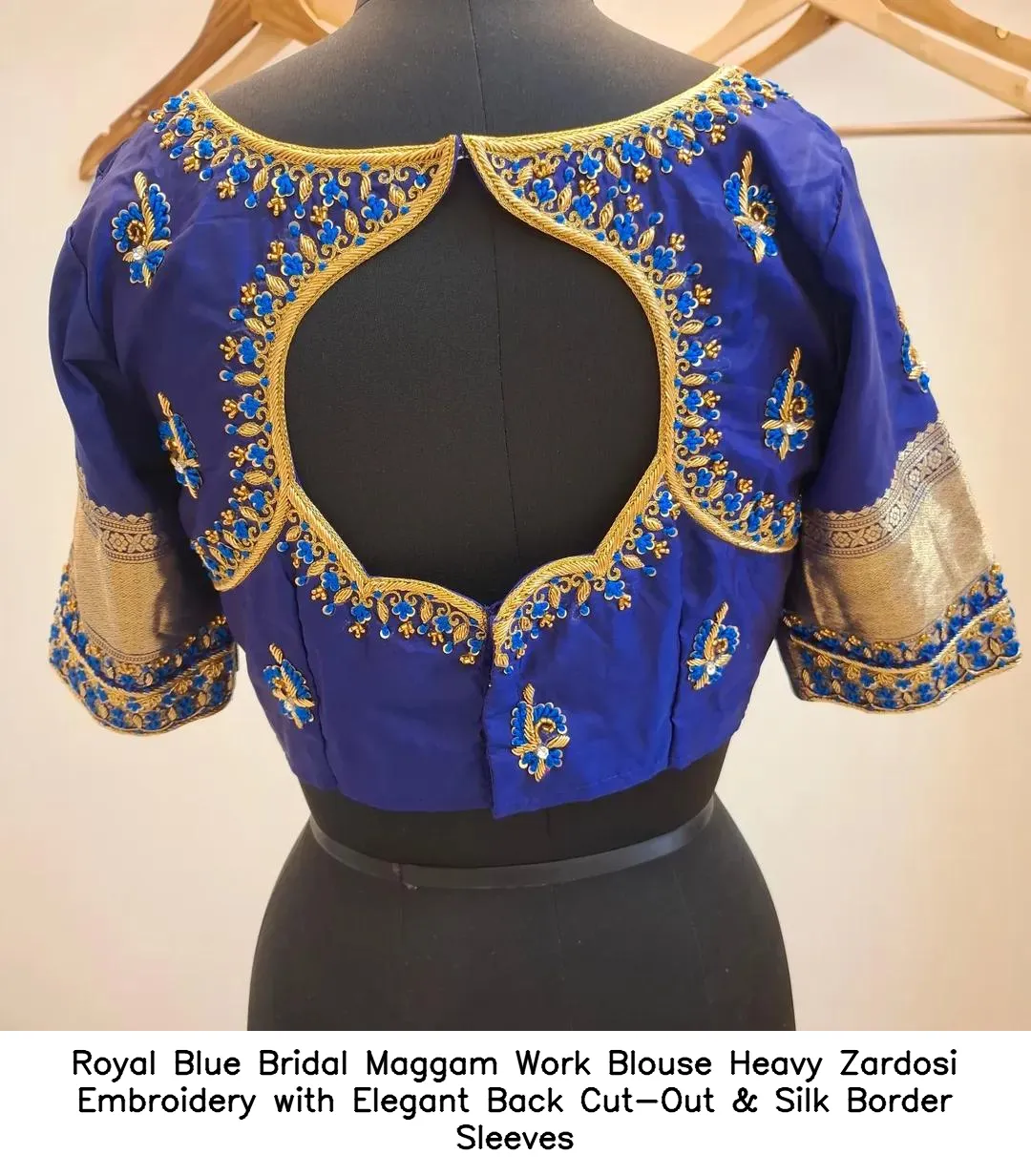 Royal Blue Bridal Maggam Work Blouse – Heavy Zardosi Embroidery with Elegant Back Cut-Out & Silk Border Sleeves