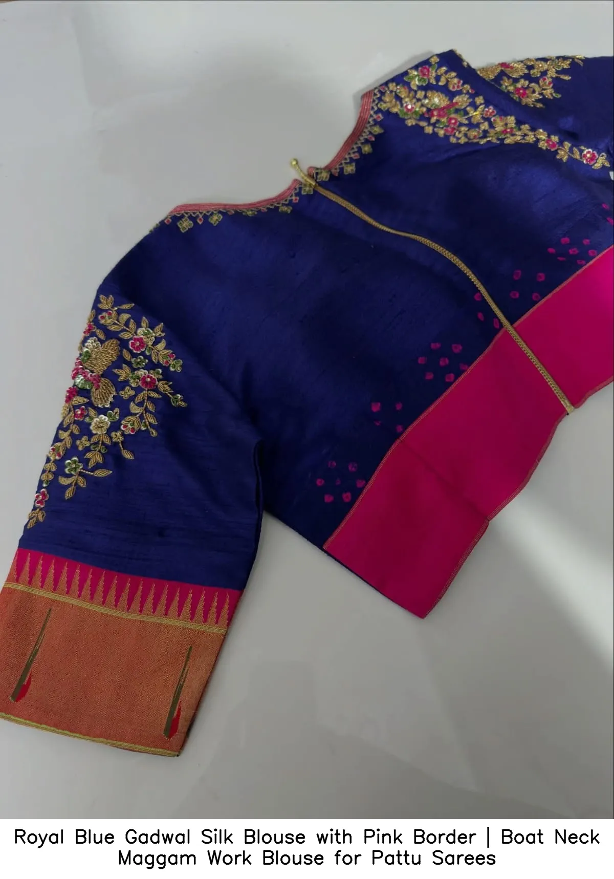Royal Blue Gadwal Silk Blouse with Pink Border | Boat Neck Maggam Work Blouse for Pattu Sarees