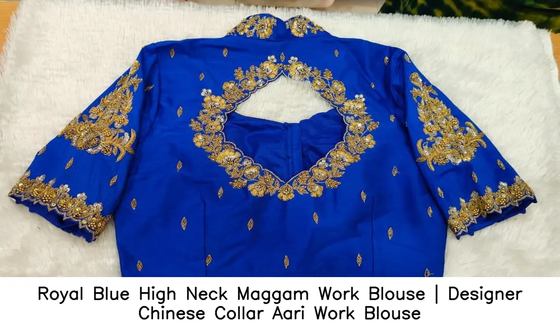 Royal Blue High Neck Maggam Work Blouse | Designer Chinese Collar Aari Work Blouse