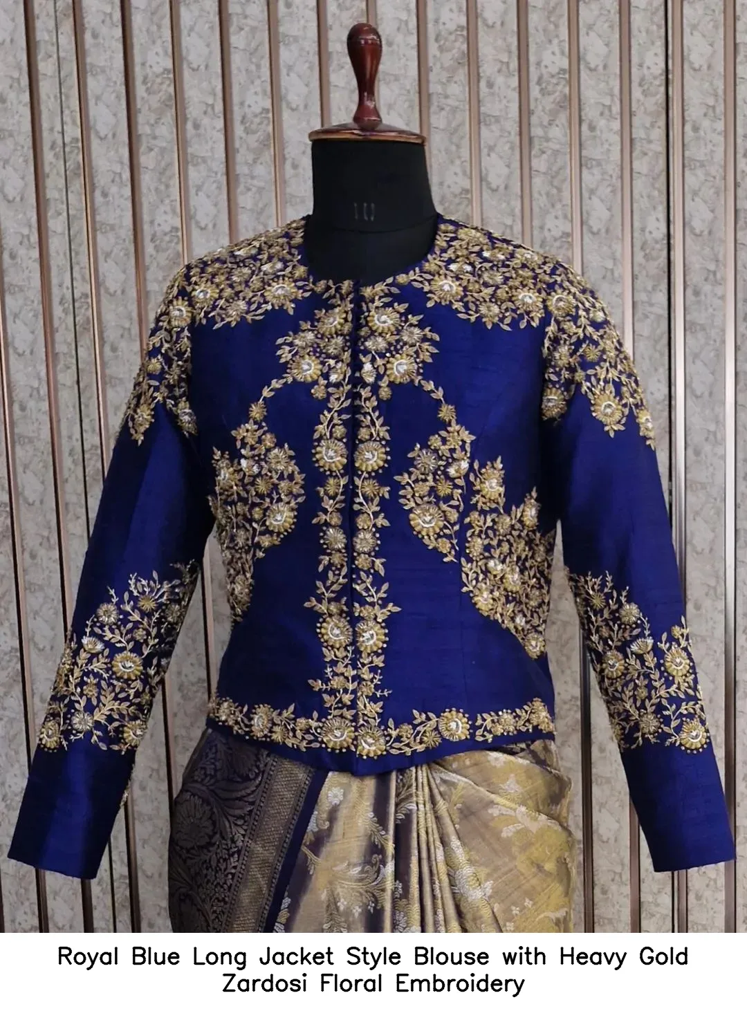 Royal Blue Long Jacket Style Blouse with Heavy Gold Zardosi Floral Embroidery