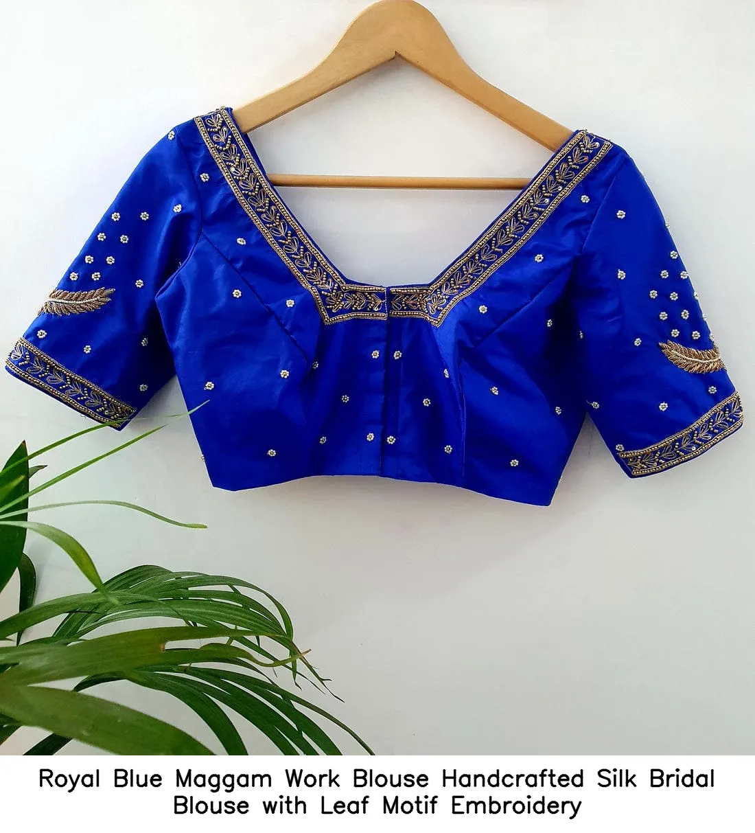 Royal Blue Maggam Work Blouse – Handcrafted Silk Bridal Blouse with Leaf Motif Embroidery