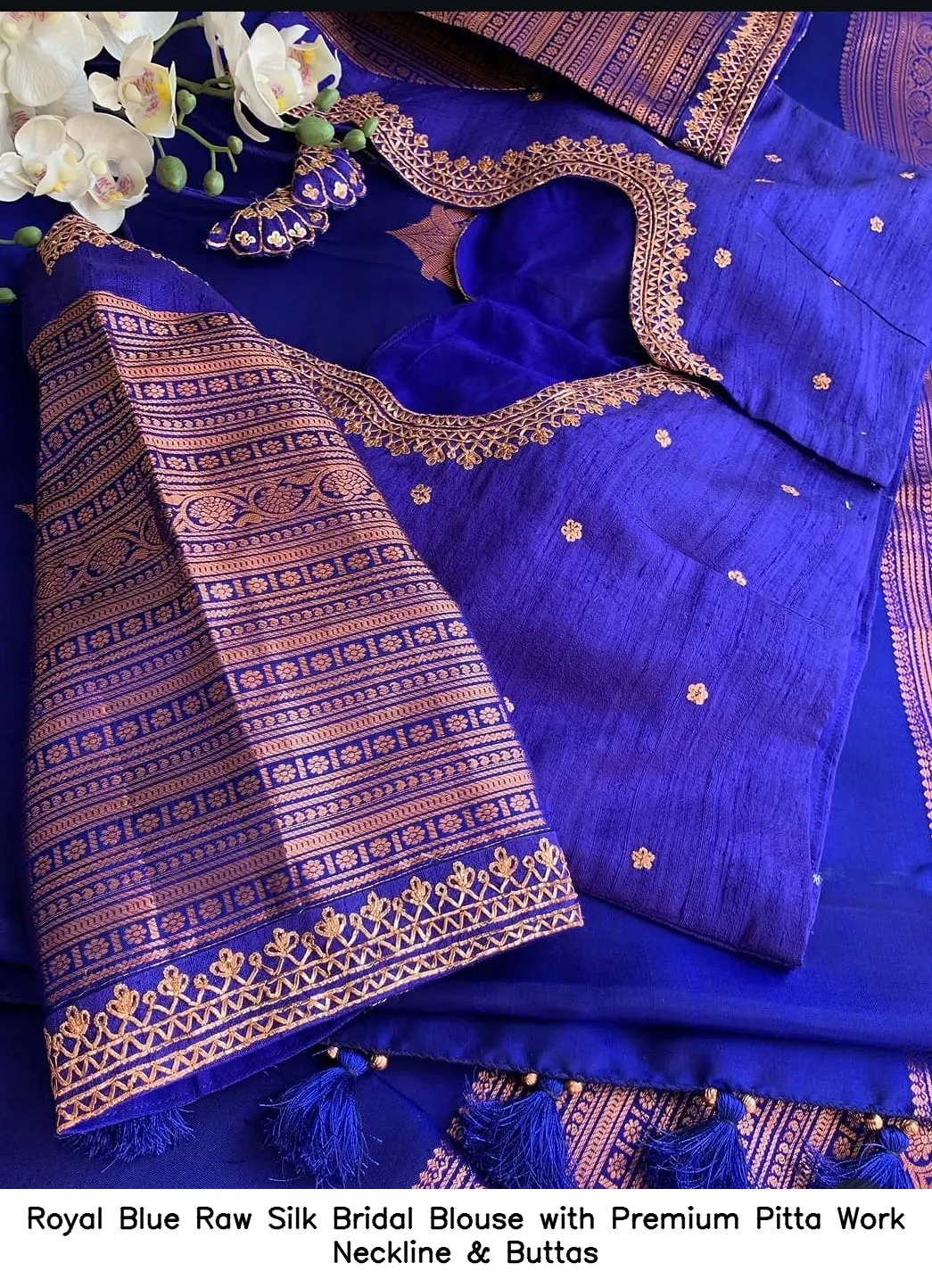 Royal Blue Raw Silk Bridal Blouse with Premium Pitta Work Neckline & Buttas