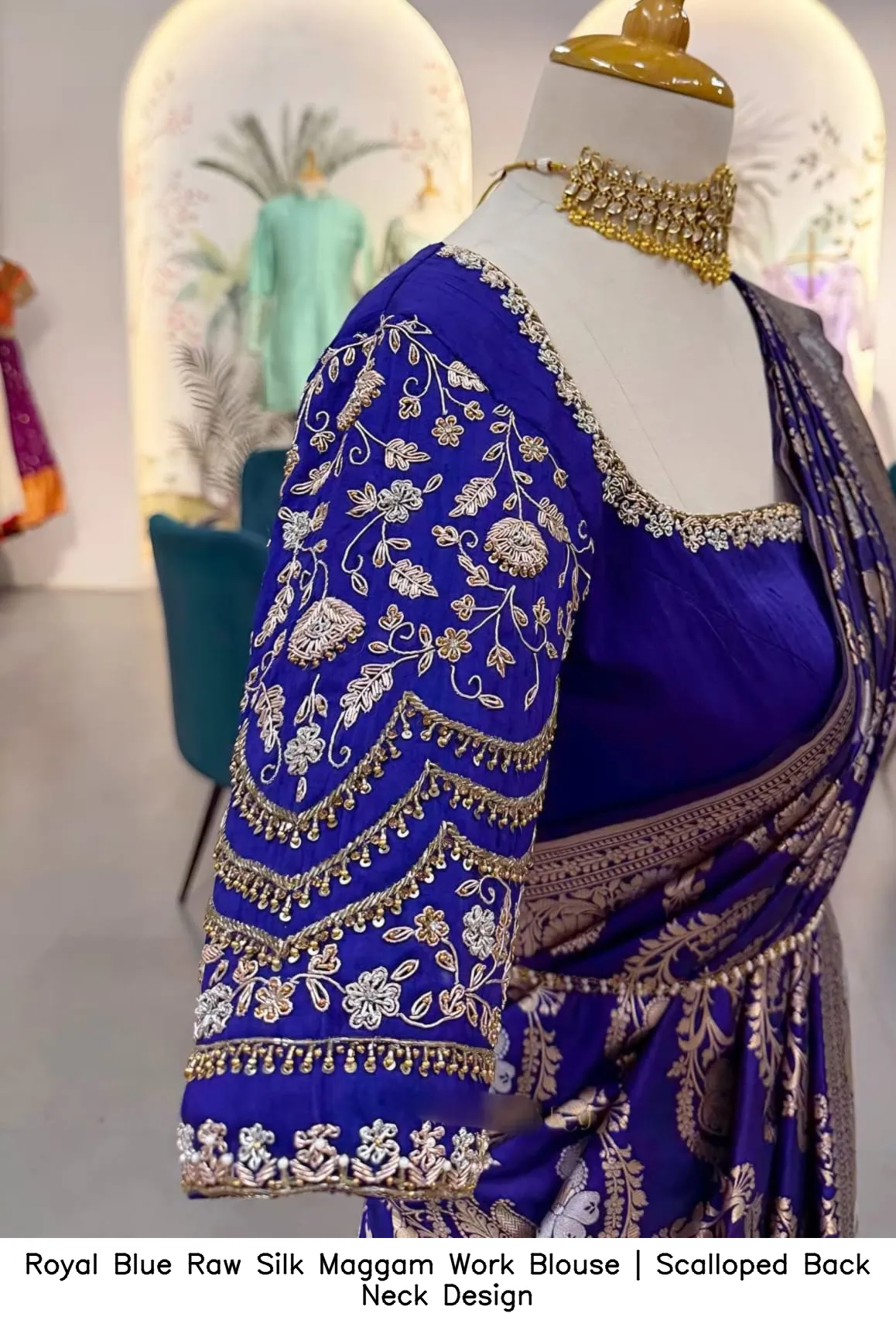 Royal Blue Raw Silk Maggam Work Blouse | Scalloped Back Neck Design