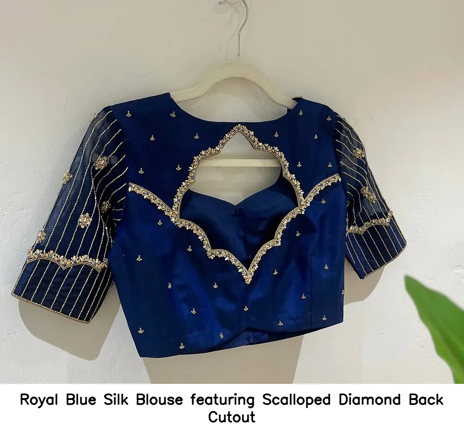Royal Blue Silk Blouse featuring Scalloped Diamond Back Cutout