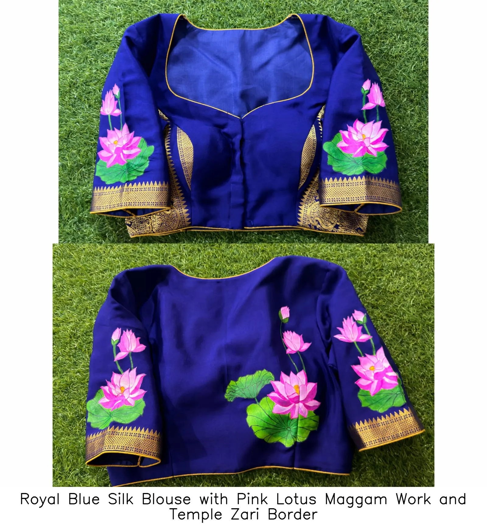 Royal Blue Silk Blouse with Pink Lotus Maggam Work and Temple Zari Border