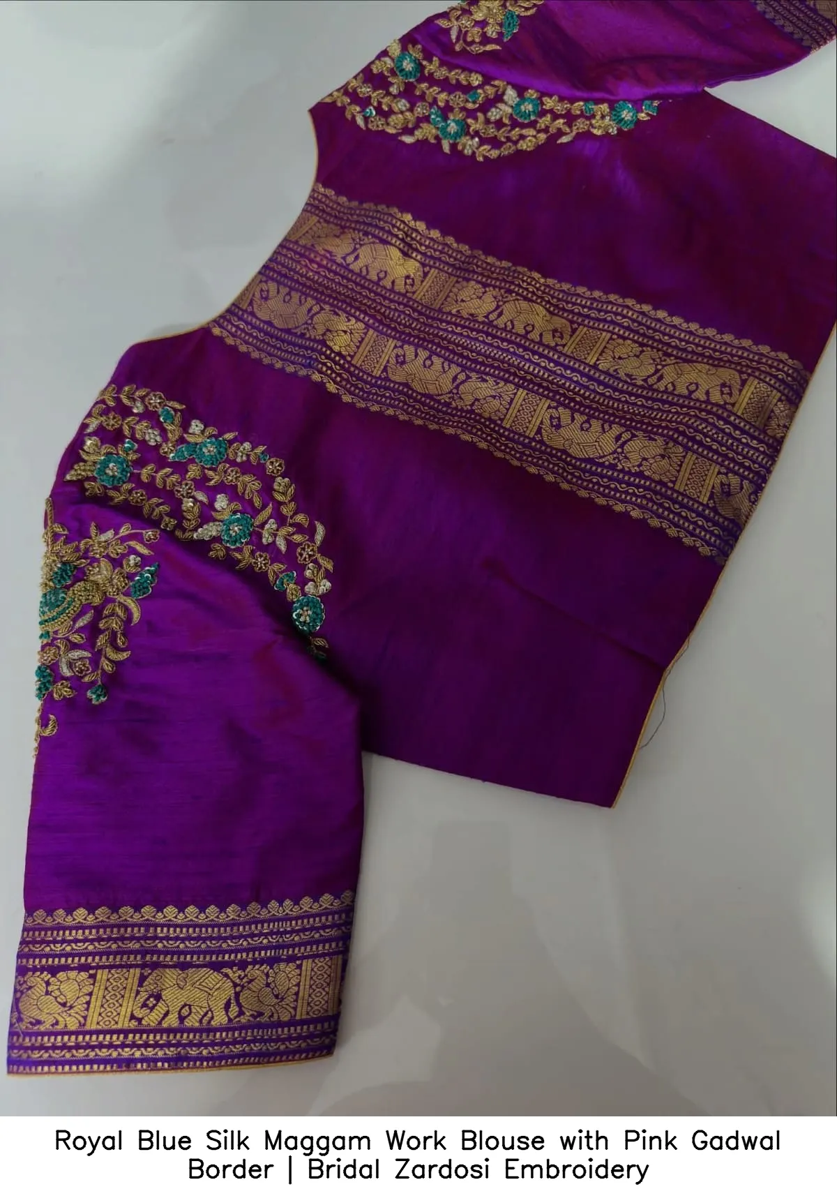 Royal Blue Silk Maggam Work Blouse with Pink Gadwal Border | Bridal Zardosi Embroidery