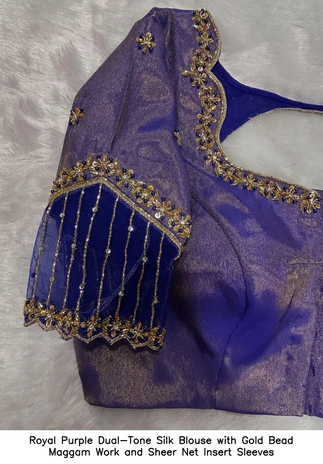 Royal Purple Dual-Tone Silk Blouse with Gold Bead Maggam Work and Sheer Net Insert Sleeves