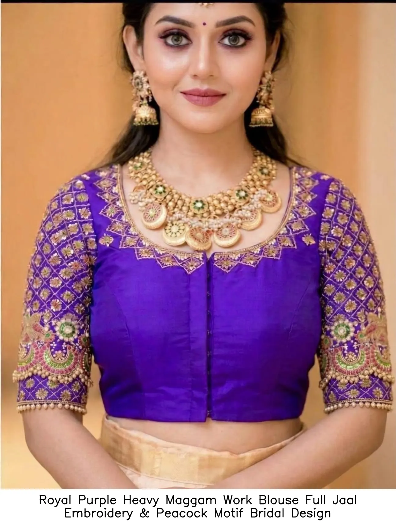 Royal Purple Heavy Maggam Work Blouse – Full Jaal Embroidery & Peacock Motif Bridal Design