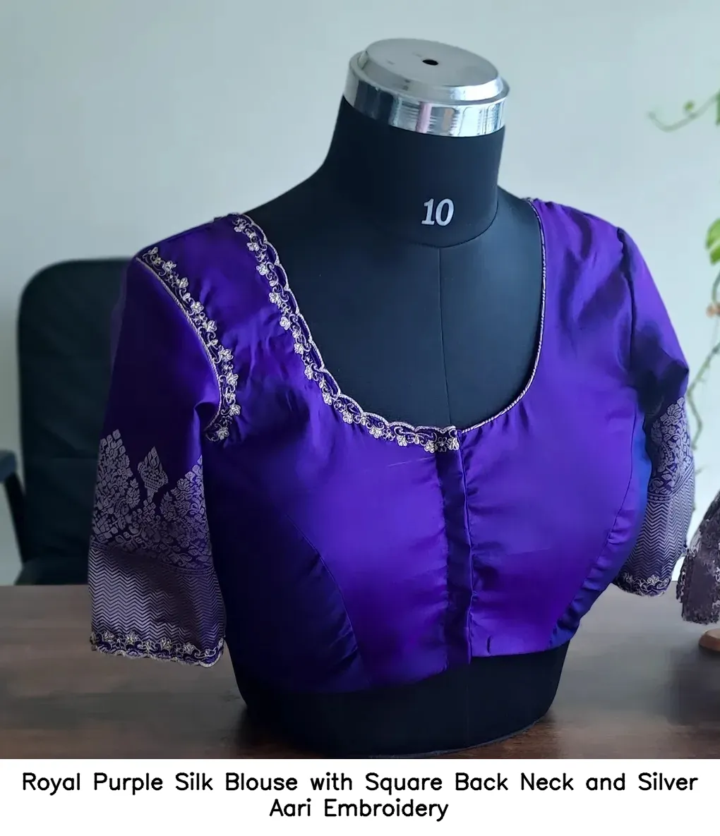 Royal Purple Silk Blouse with Square Back Neck and Silver Aari Embroidery
