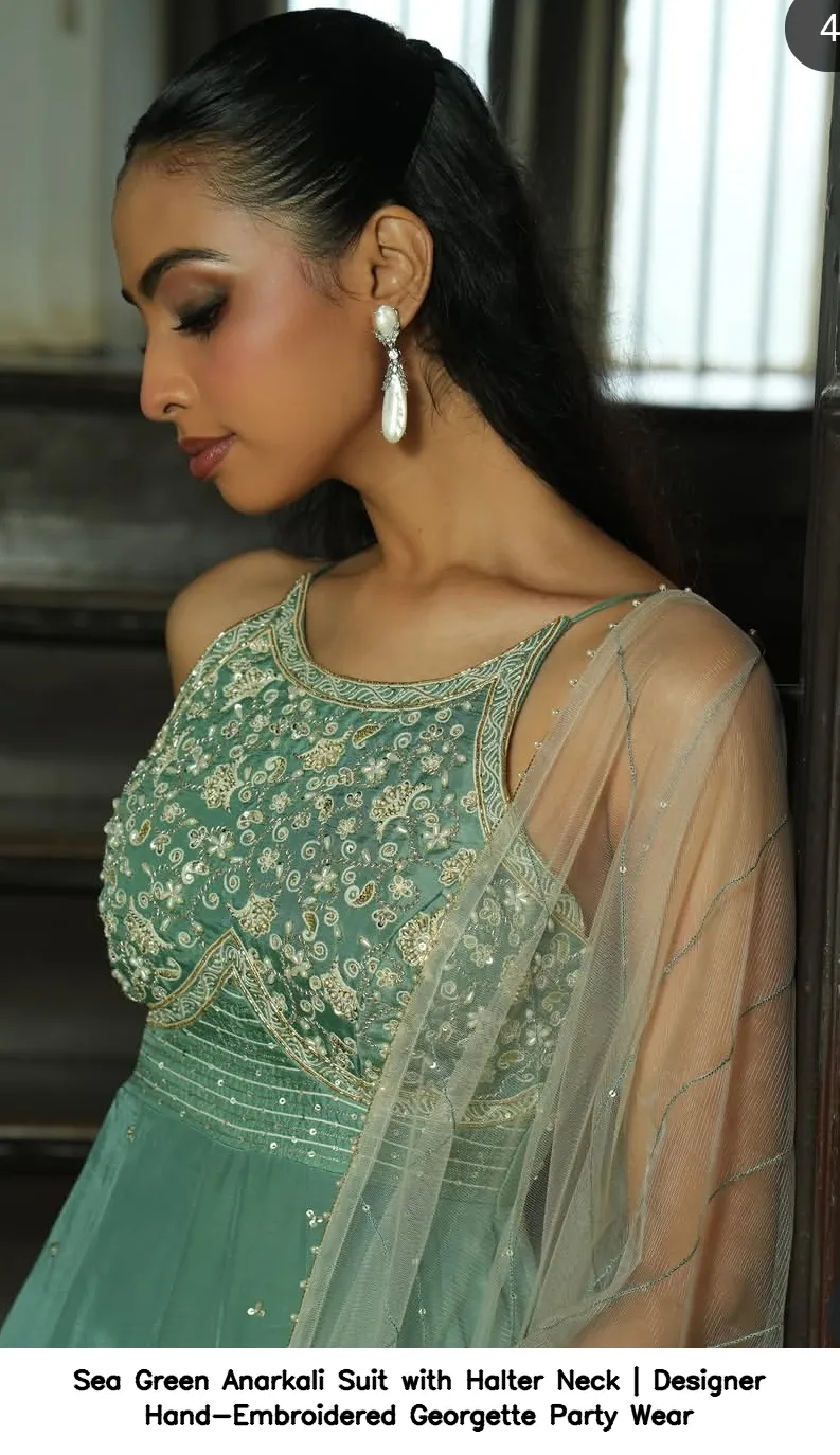 Sea Green Anarkali Suit with Halter Neck | Designer Hand-Embroidered Georgette Party Wear