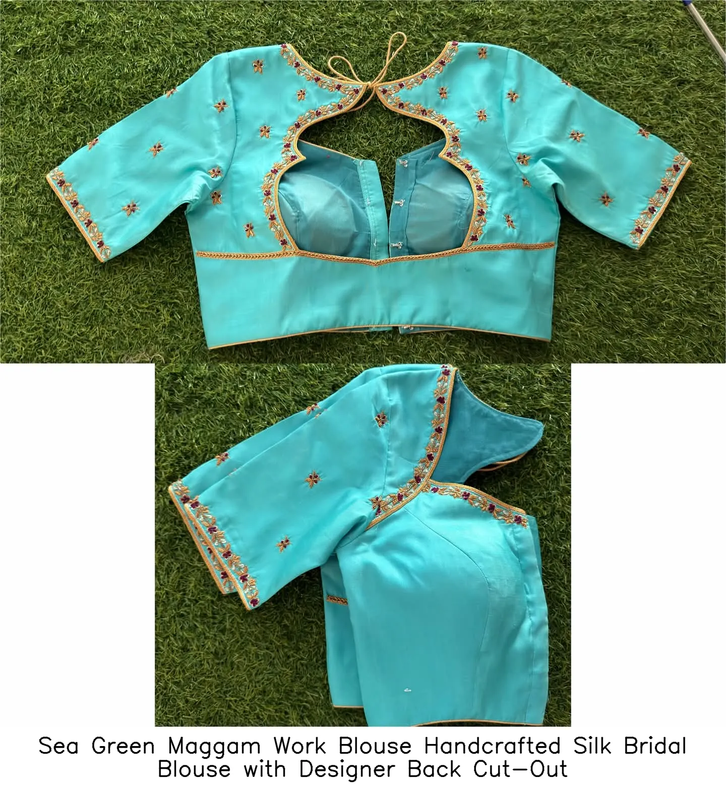 Sea Green Maggam Work Blouse – Handcrafted Silk Bridal Blouse with Designer Back Cut-Out