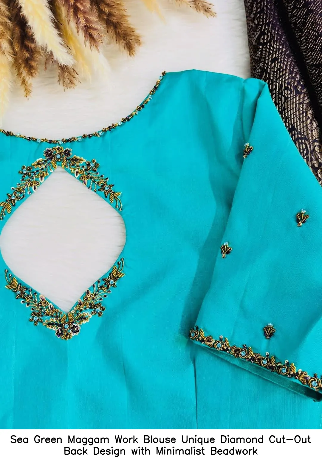 Sea Green Maggam Work Blouse – Unique Diamond Cut-Out Back Design with Minimalist Beadwork