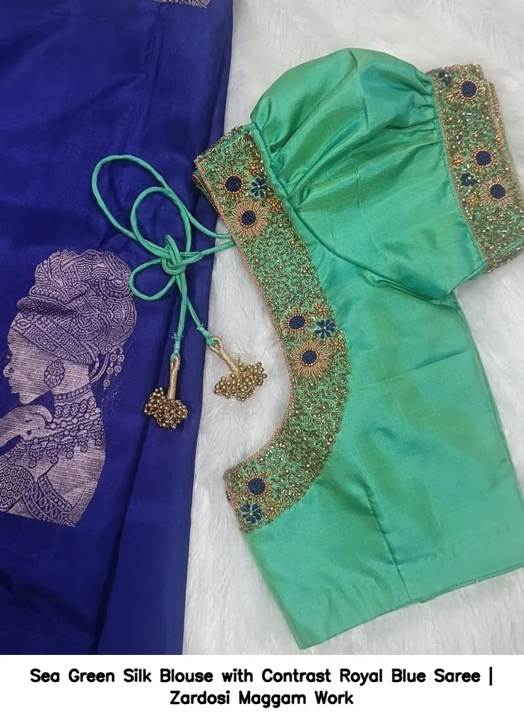 Sea Green Silk Blouse with Contrast Royal Blue Saree | Zardosi Maggam Work