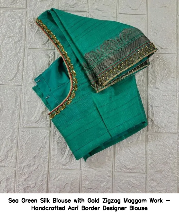 Sea Green Silk Blouse with Gold Zigzag Maggam Work - Handcrafted Aari Border Designer Blouse