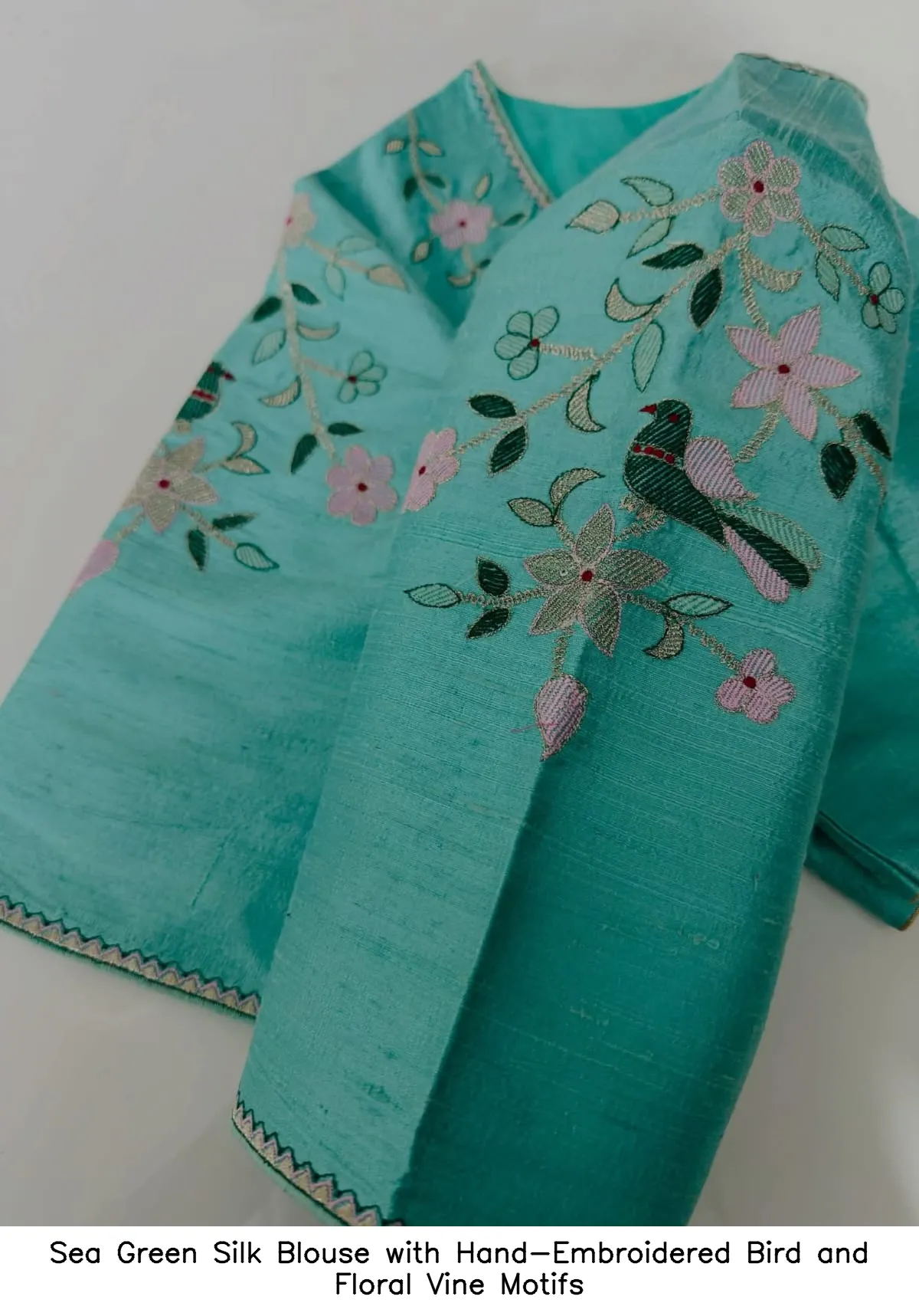 Sea Green Silk Blouse with Hand-Embroidered Bird and Floral Vine Motifs