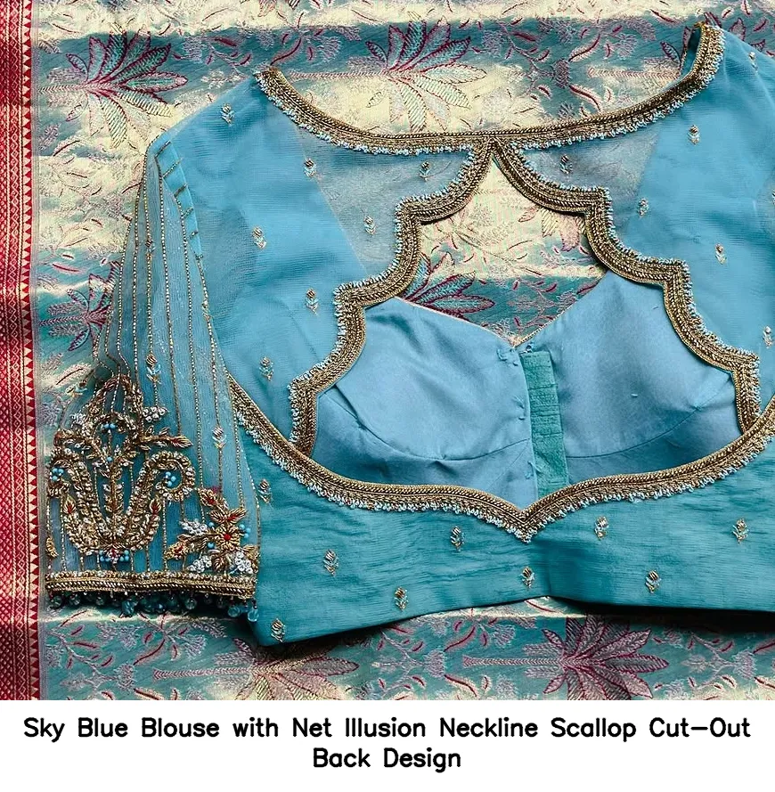Sky Blue Blouse with Net Illusion Neckline – Scallop Cut-Out Back Design