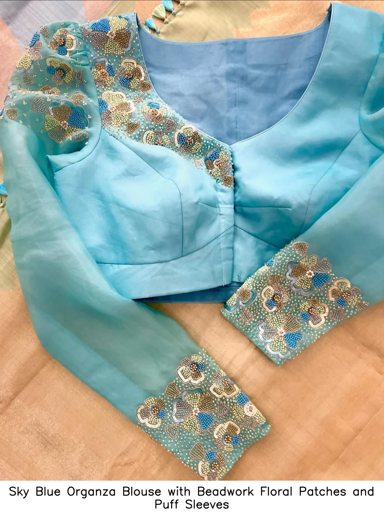 Sky Blue Organza Blouse with Beadwork Floral Patches and Puff Sleeves