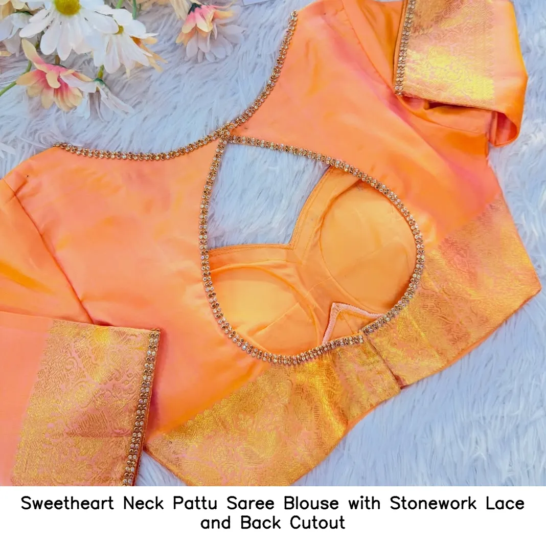 Sweetheart Neck Pattu Saree Blouse with Stonework Lace and Back Cutout