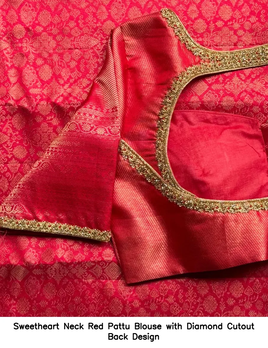 Sweetheart Neck Red Pattu Blouse with Diamond Cutout Back Design