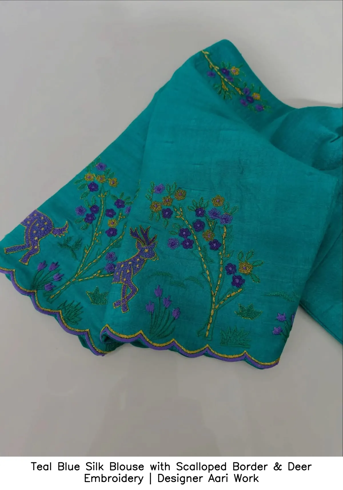 Teal Blue Silk Blouse with Scalloped Border & Deer Embroidery | Designer Aari Work
