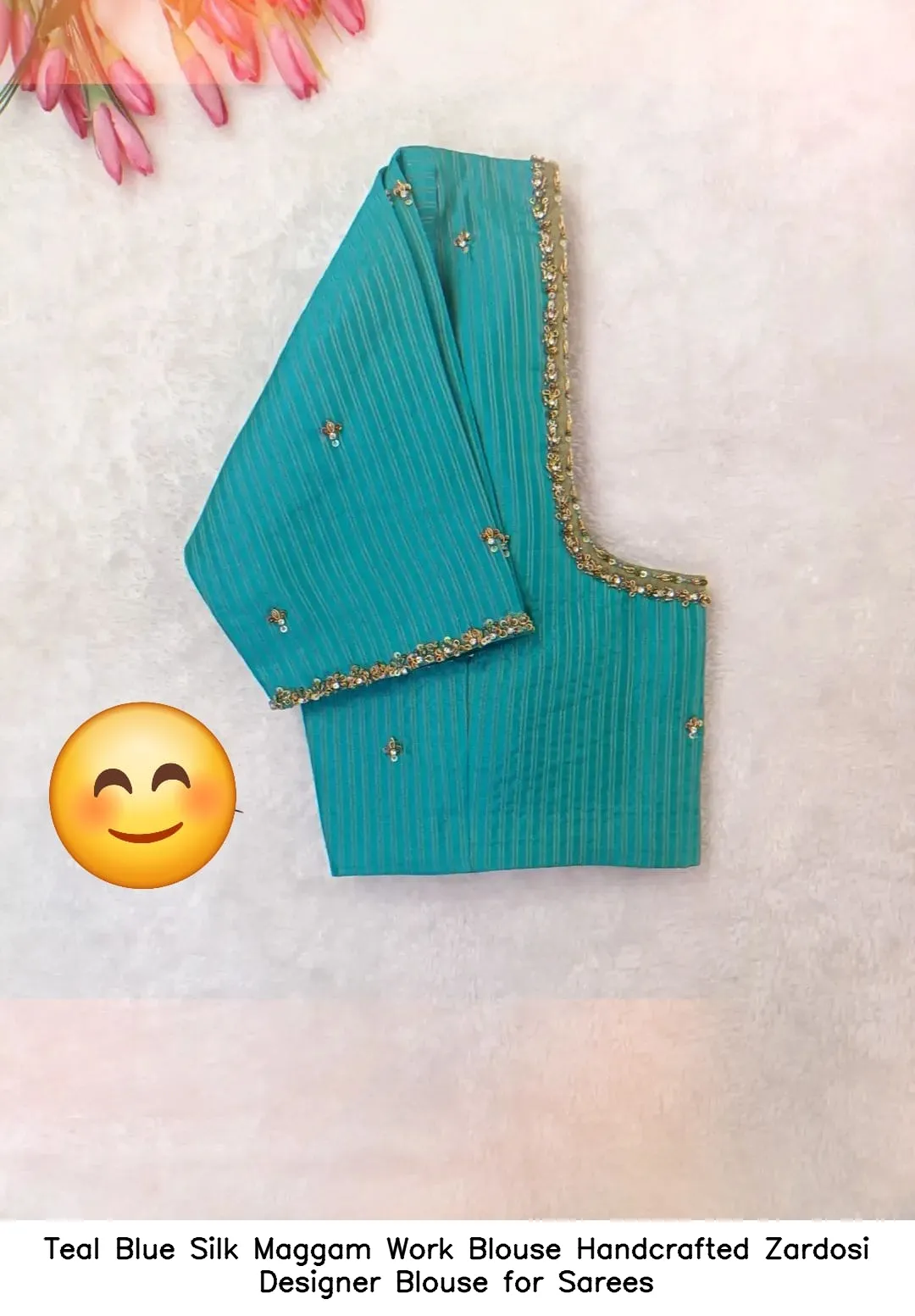 Teal Blue Silk Maggam Work Blouse – Handcrafted Zardosi Designer Blouse for Sarees