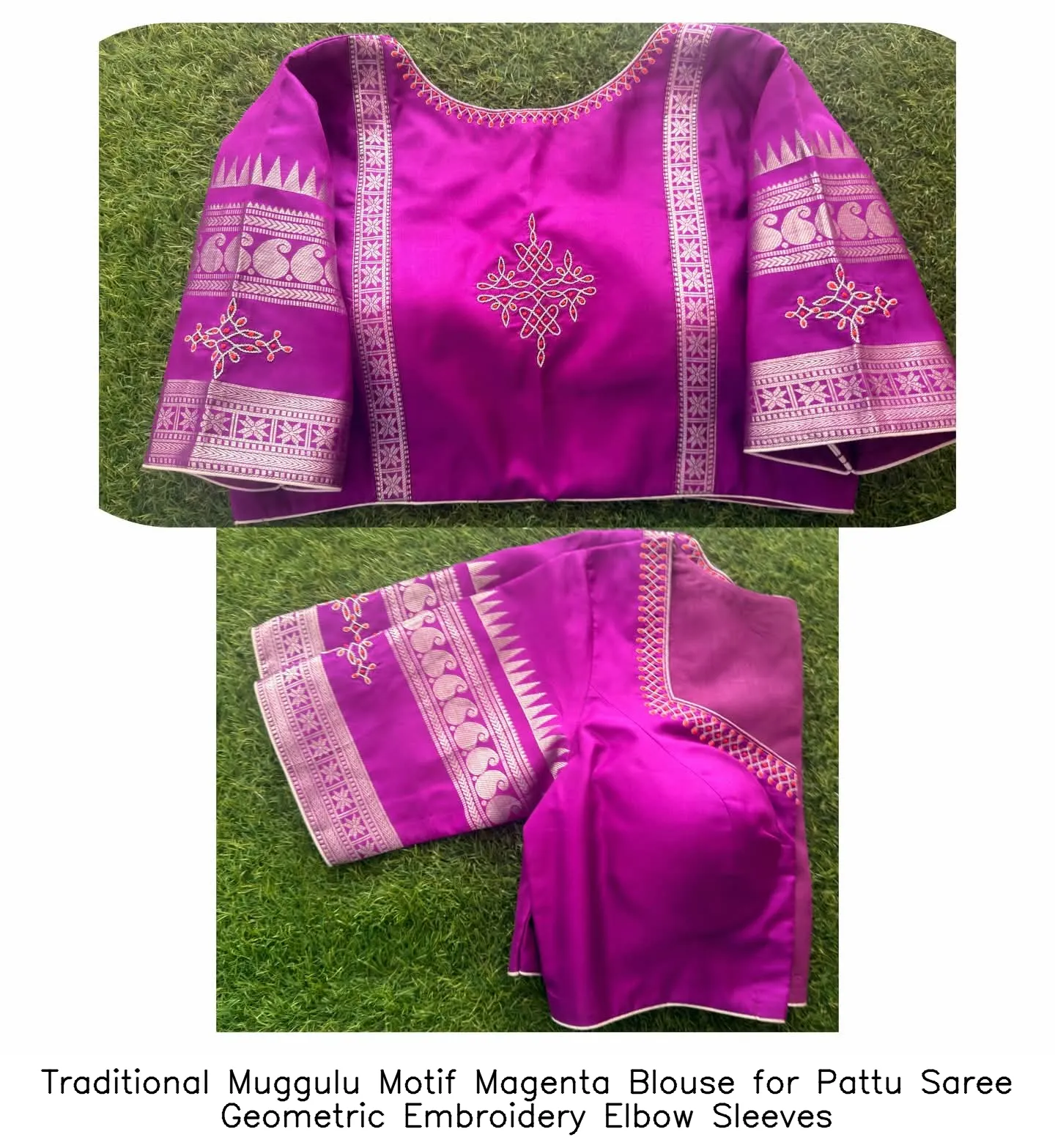 Traditional Muggulu Motif Magenta Blouse for Pattu Saree – Geometric Embroidery Elbow Sleeves