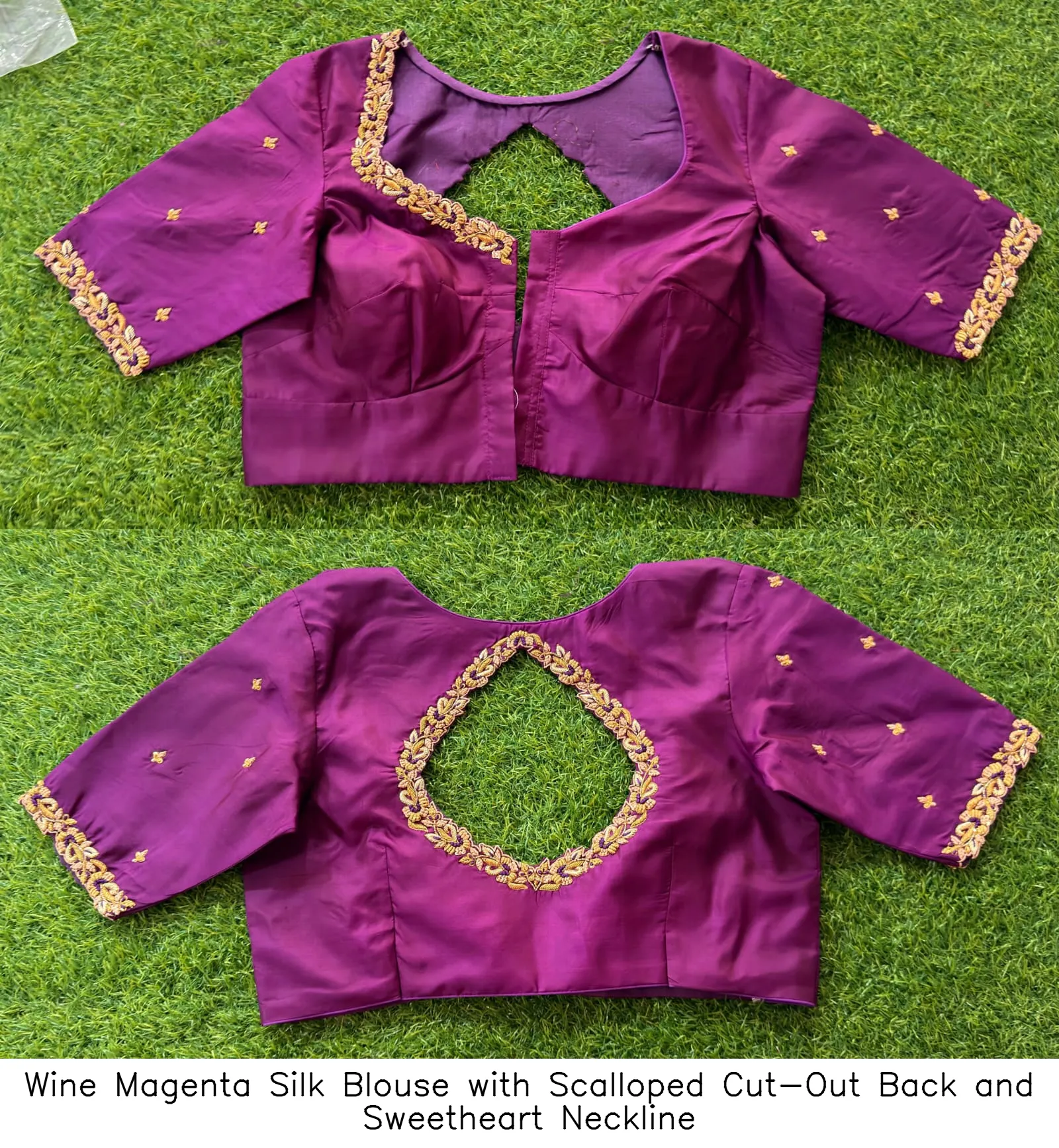 Wine Magenta Silk Blouse with Scalloped Cut-Out Back and Sweetheart Neckline