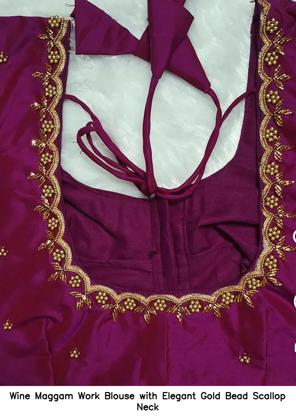 Wine Maggam Work Blouse with Elegant Gold Bead Scallop Neck