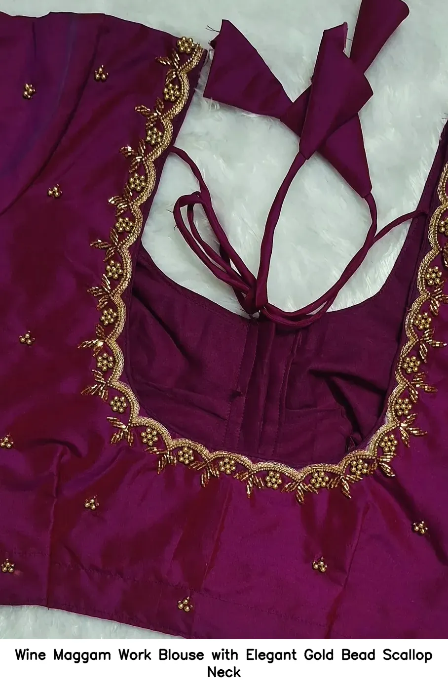 Wine Maggam Work Blouse with Elegant Gold Bead Scallop Neck