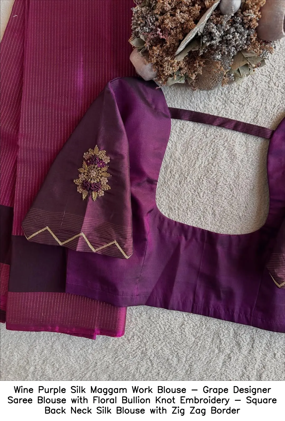 Wine Purple Silk Maggam Work Blouse - Grape Designer Saree Blouse with Floral Bullion Knot Embroidery - Square Back Neck Silk Blouse with Zig Zag Border