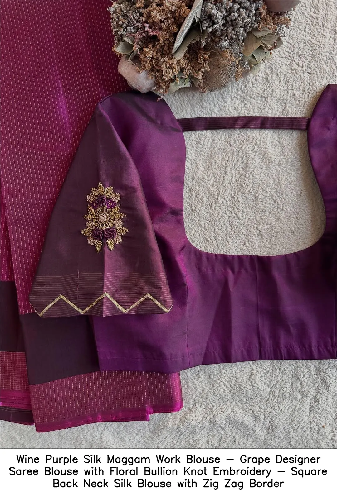 Wine Purple Silk Maggam Work Blouse - Grape Designer Saree Blouse with Floral Bullion Knot Embroidery - Square Back Neck Silk Blouse with Zig Zag Border