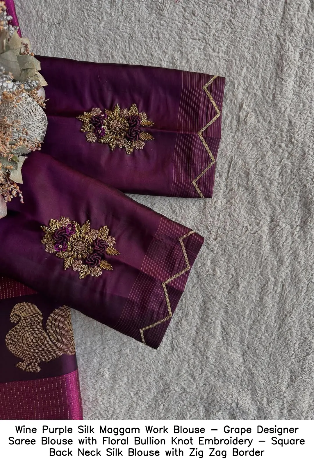 Wine Purple Silk Maggam Work Blouse - Grape Designer Saree Blouse with Floral Bullion Knot Embroidery - Square Back Neck Silk Blouse with Zig Zag Border