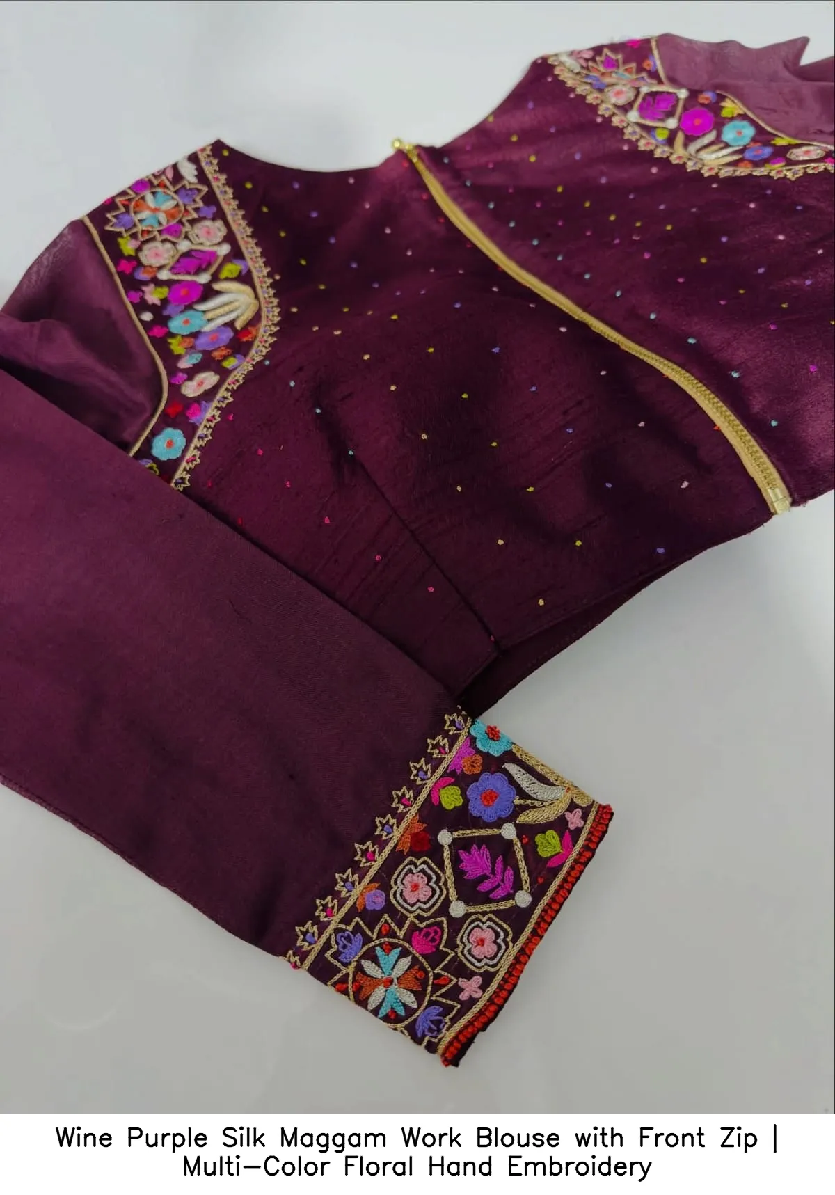 Wine Purple Silk Maggam Work Blouse with Front Zip | Multi-Color Floral Hand Embroidery