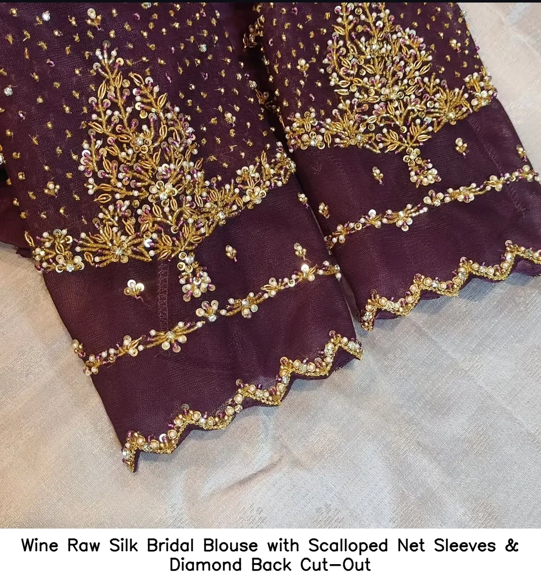 Wine Raw Silk Bridal Blouse with Scalloped Net Sleeves & Diamond Back Cut-Out