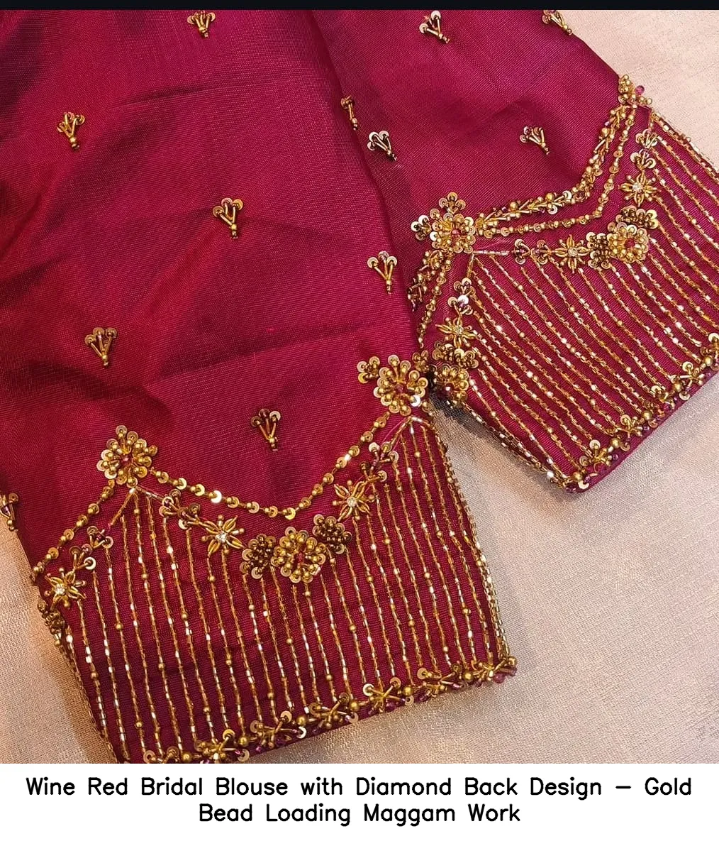 Wine Red Bridal Blouse with Diamond Back Design - Gold Bead Loading Maggam Work