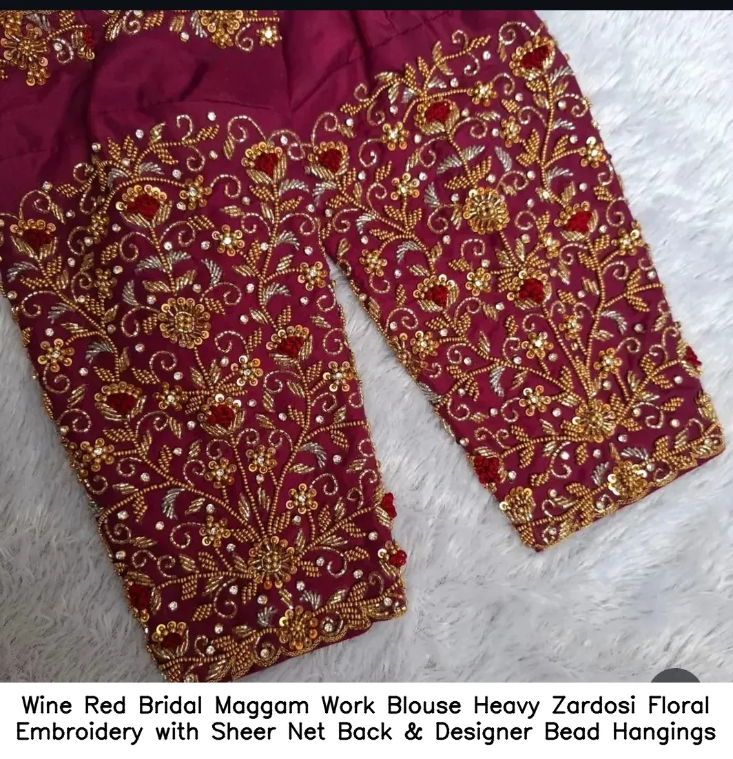 Wine Red Bridal Maggam Work Blouse – Heavy Zardosi Floral Embroidery with Sheer Net Back & Designer Bead Hangings