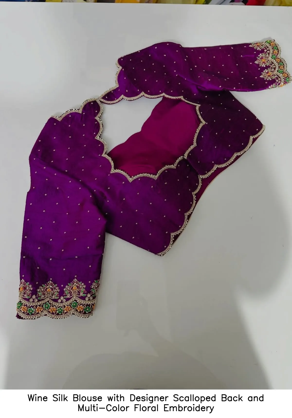 Wine Silk Blouse with Designer Scalloped Back and Multi-Color Floral Embroidery