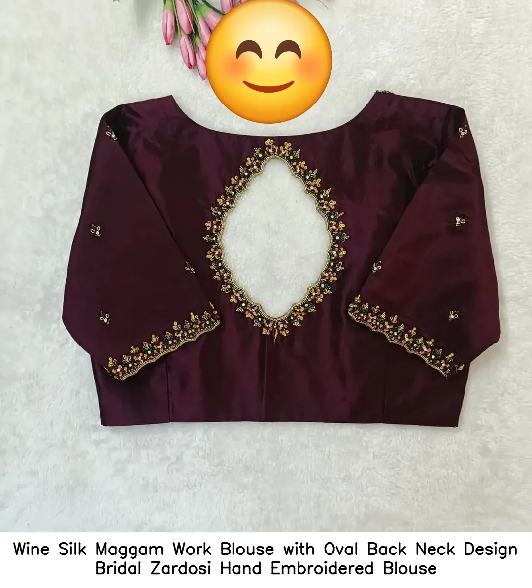 Wine Silk Maggam Work Blouse with Oval Back Neck Design – Bridal Zardosi Hand Embroidered Blouse