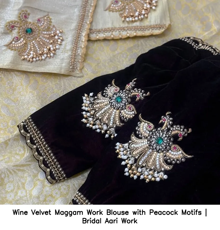 Wine Velvet Maggam Work Blouse with Peacock Motifs | Bridal Aari Work