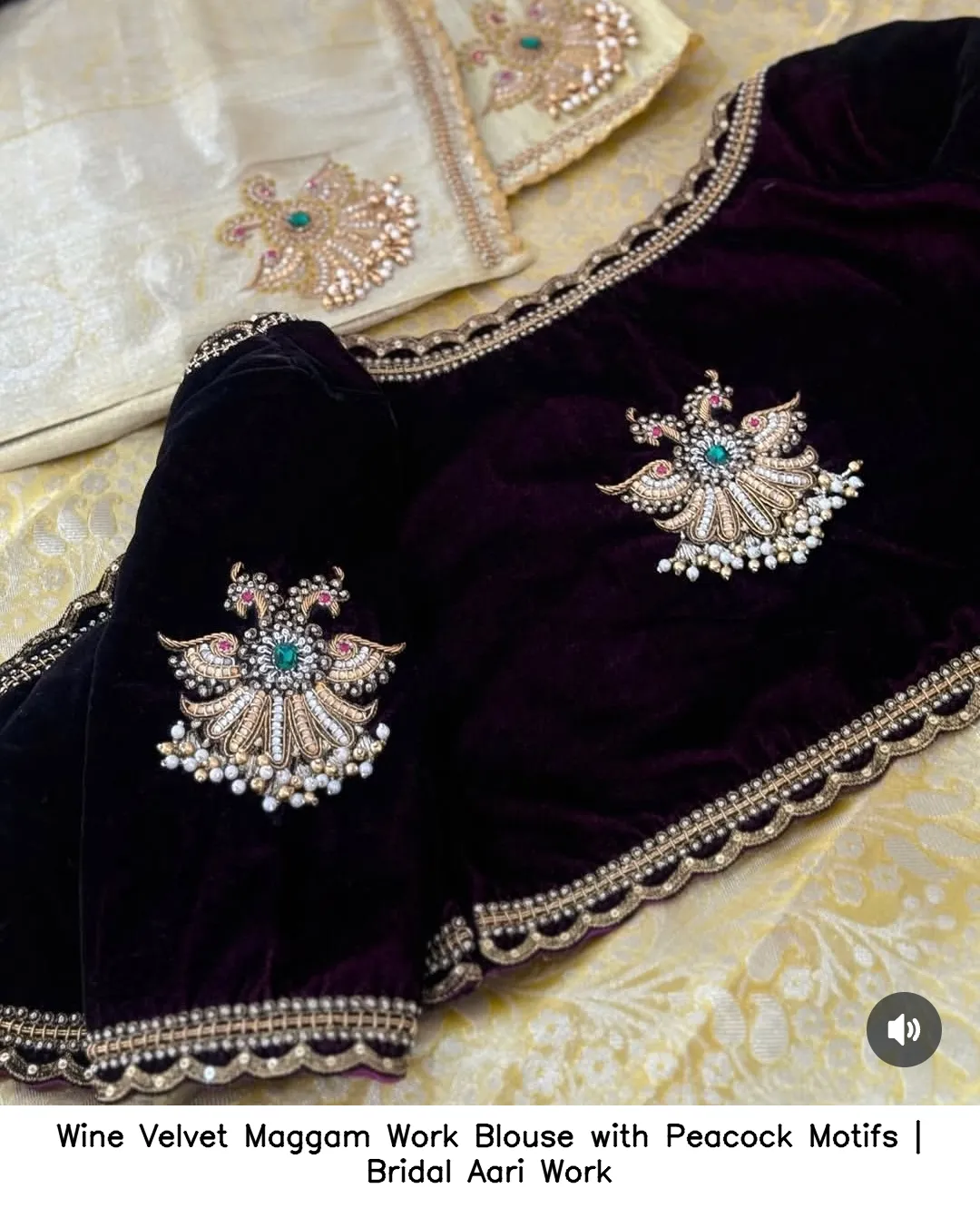 Wine Velvet Maggam Work Blouse with Peacock Motifs | Bridal Aari Work