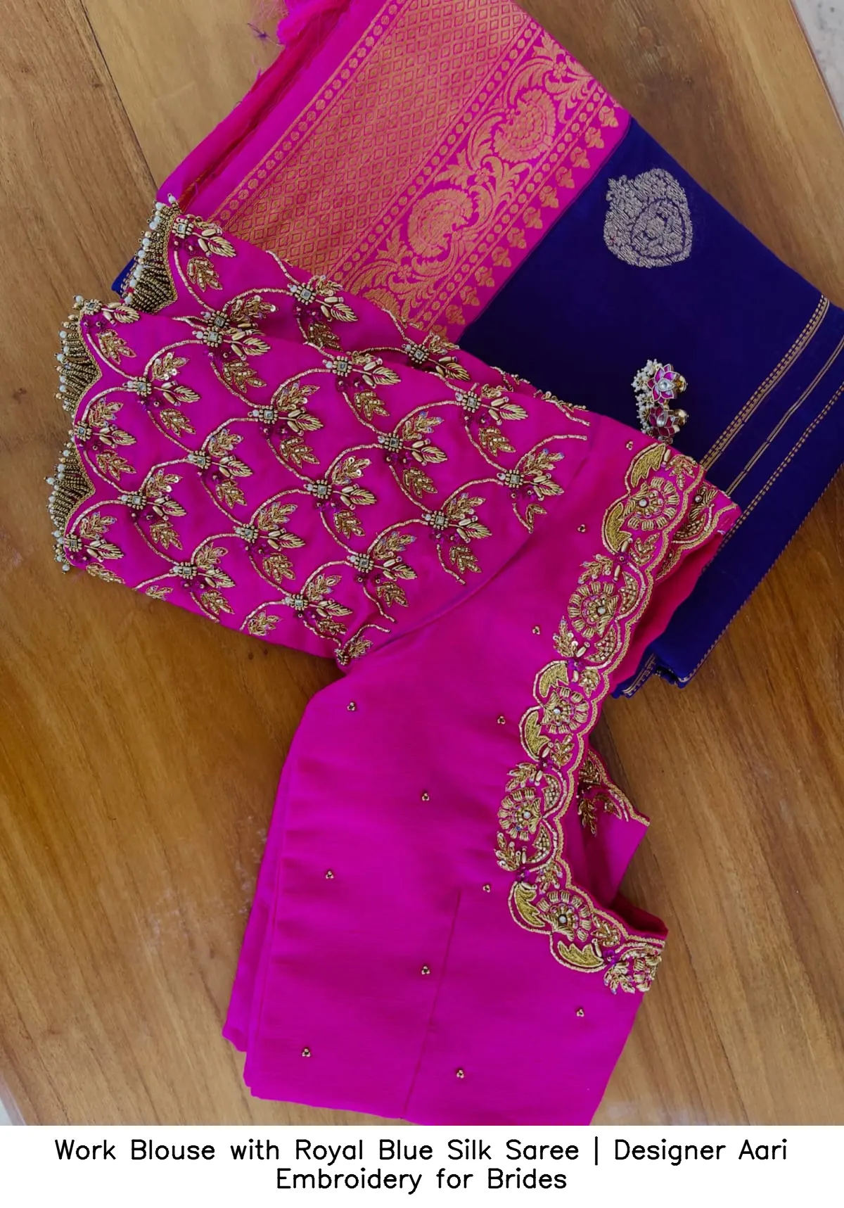 Work Blouse with Royal Blue Silk Saree | Designer Aari Embroidery for Brides