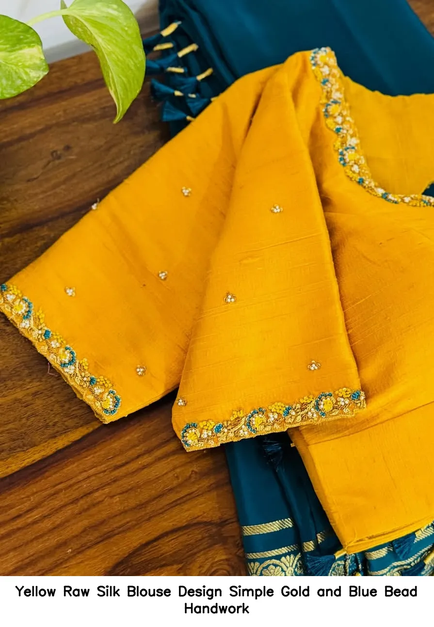 Yellow Raw Silk Blouse Design – Simple Gold and Blue Bead Handwork