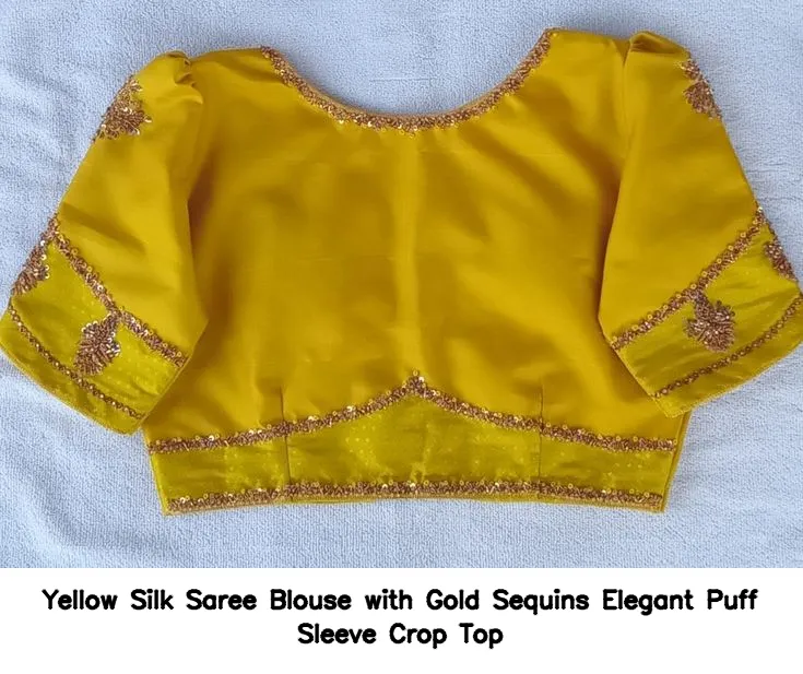 Yellow Silk Saree Blouse with Gold Sequins – Elegant Puff Sleeve Crop Top
